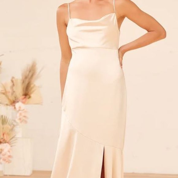 Moment in the Spotlight Champagne Satin Cowl Neck Maxi Dress [available in Sept] - Picture 1 of 4